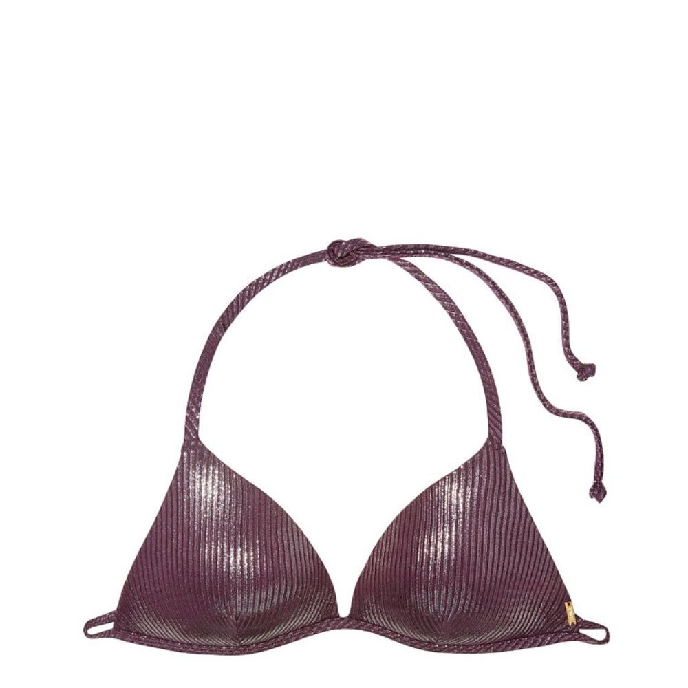 NWT VICTORIAS SECRET PINK BURGUNDY RIBBED TRIANGLE PUSH-UP HALTER TOP BIKINI